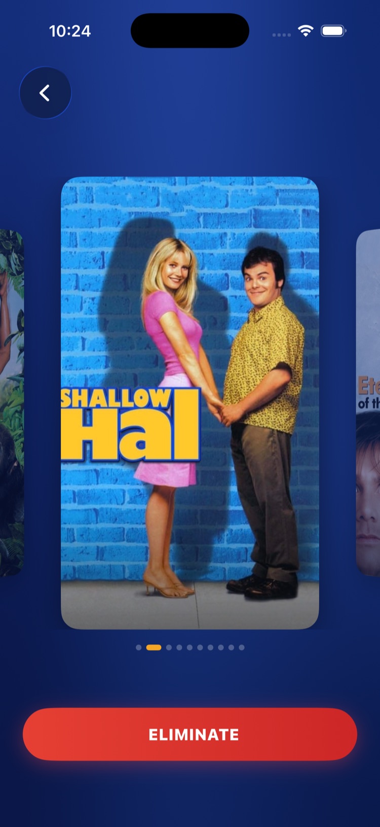 Elimination carousel showing a movie poster with an Eliminate button