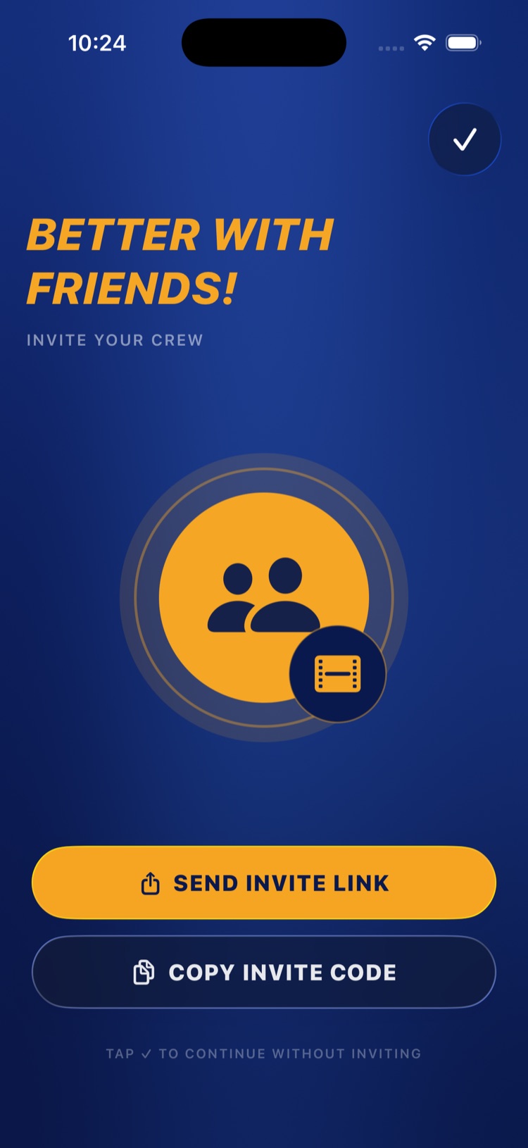 Invite screen showing Send Invite Link and Copy Invite Code buttons