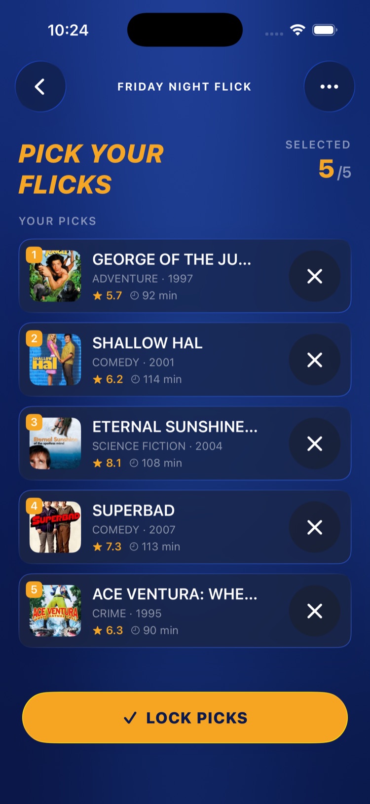 Pick Your Flicks screen with a numbered list of selected movies